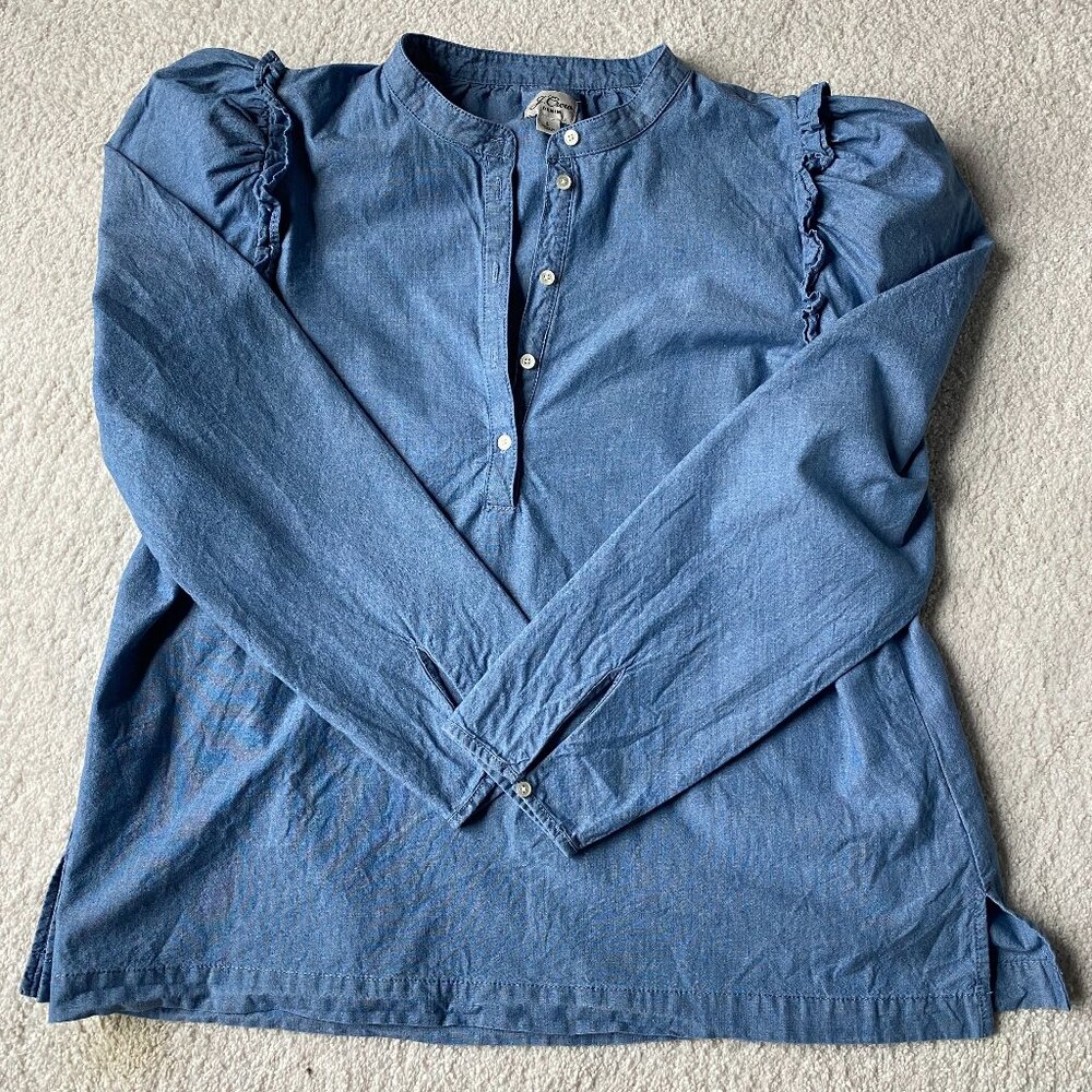 J Crew Denim ruffle popover puff sleeve shirt SIZE Large